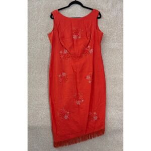 VTG NICOLE STUDIO Sheath Dress Womens 14 Orange Vintage Beaded Floral Linen